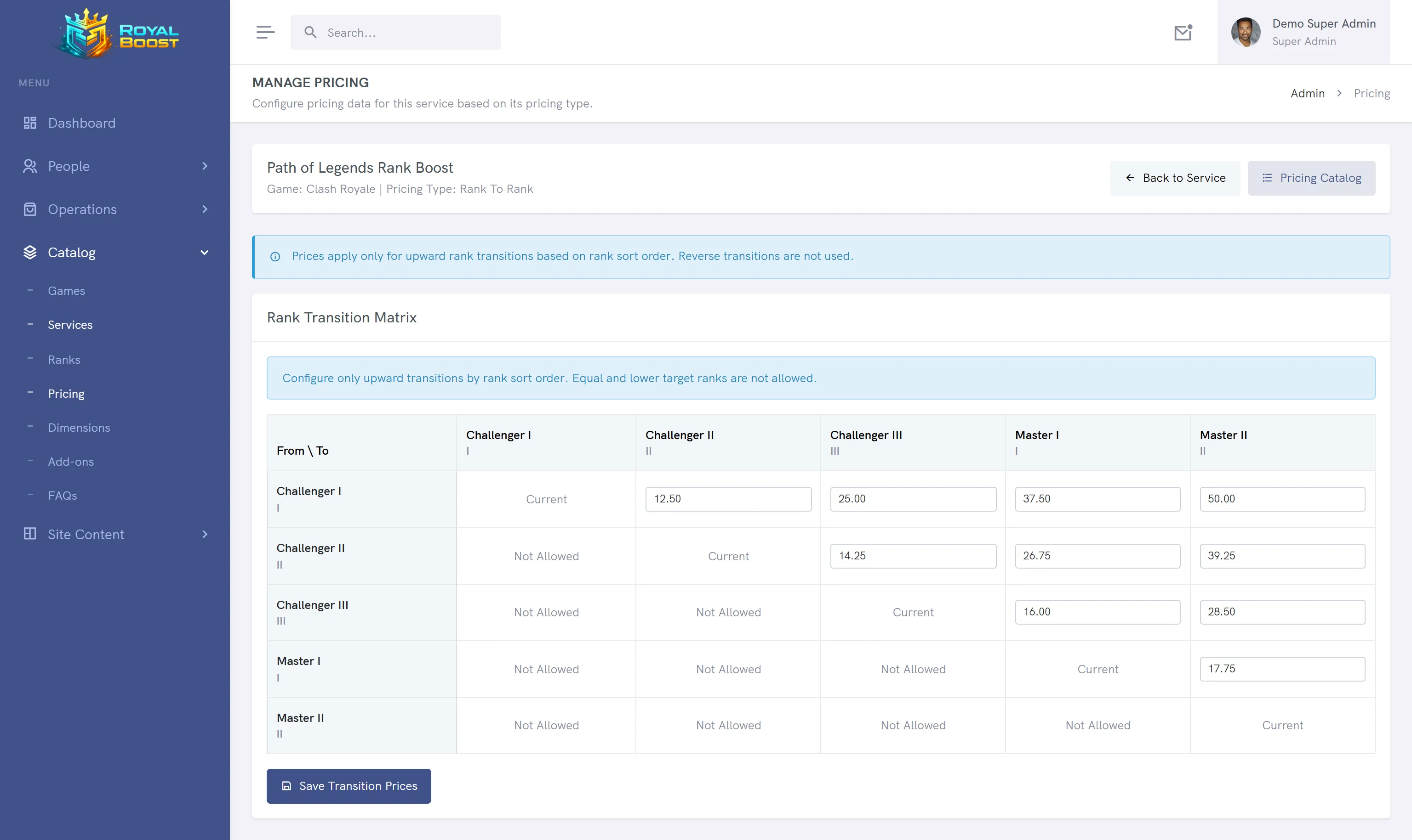 پنل مدیریت ماتریس قیمت‌گذاری سرویس Rank Boost